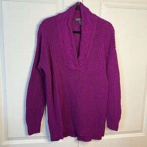 Lauren Ralph Lauren Sweater Womens L Purple Cable Knit V-neck Chunky Pullover